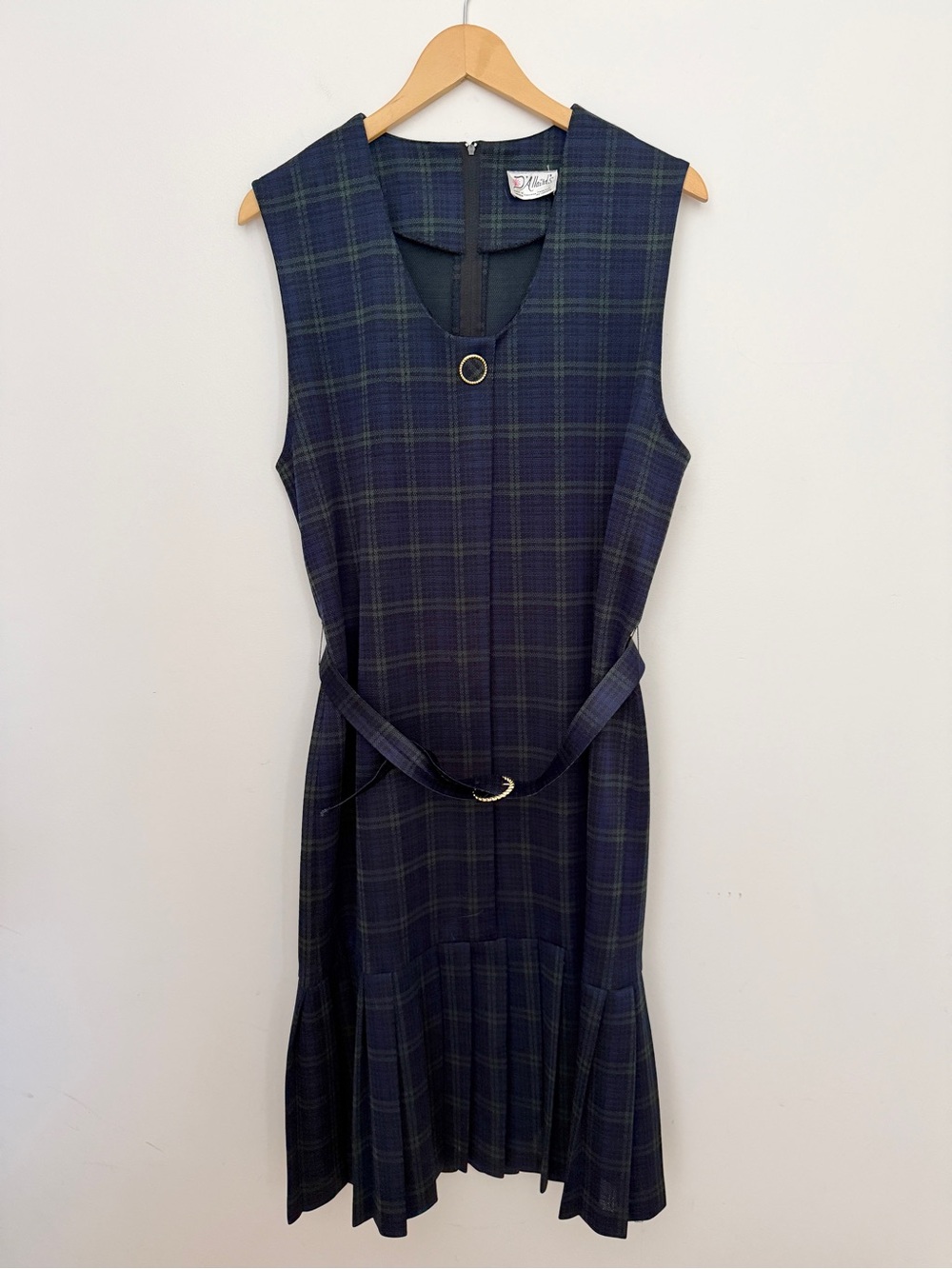 Vintage Plaid Navy Green Sleeveless Belted Dress
